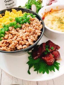 定番三色で彩り鮮やか!鶏のそぼろ丼ワンプレート【献立紹介】